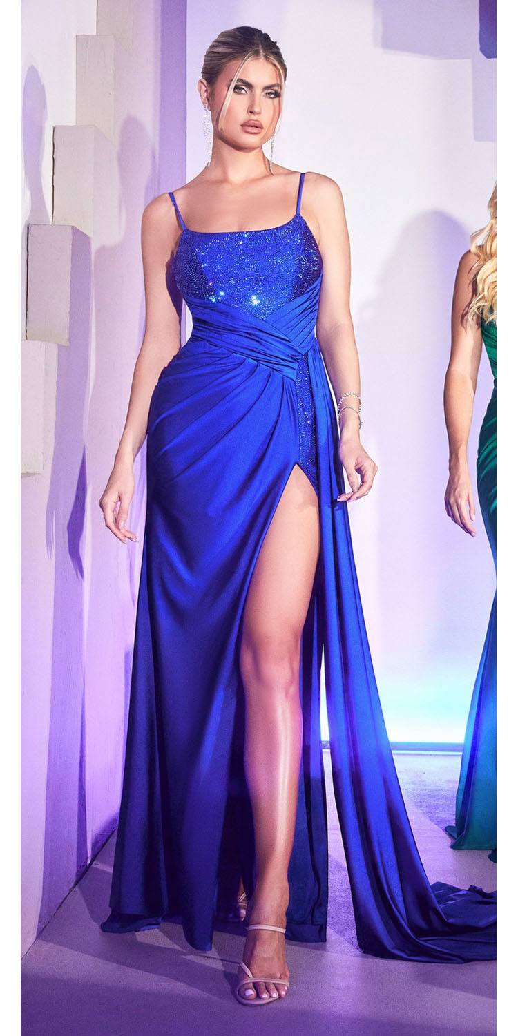 Cinderella Divine CD0201 Long Hot Stone Draped Gown with Slit by DiscountDressShop