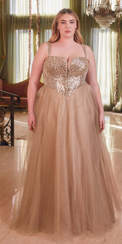 Ladivine CD0217 Long A-Line Strapless Sequin Bodice Glitter Tulle Skirt Dress by DiscountDressShop