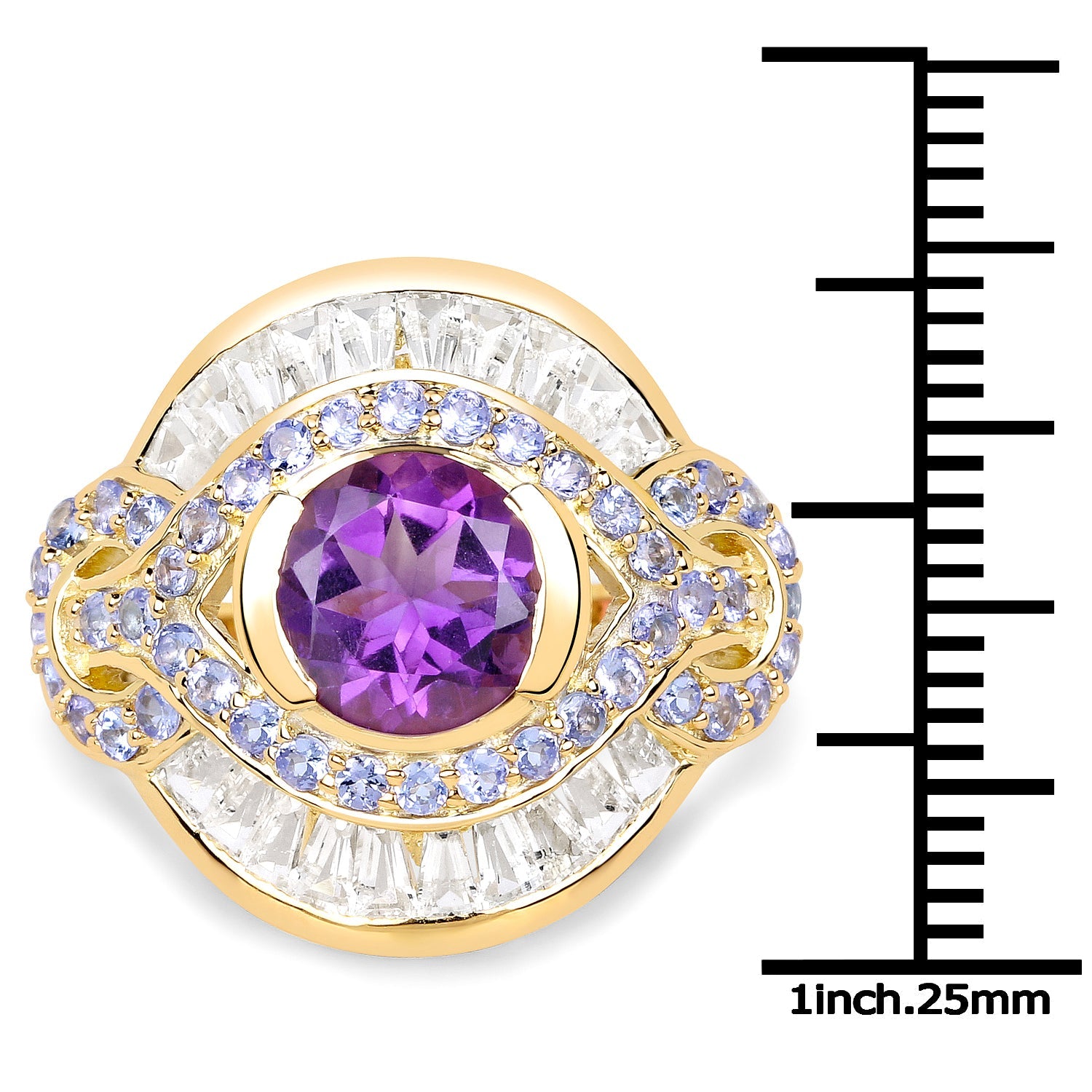 14K Yellow Gold Plated 3.93 Carat Genuine Amethyst, Tanzanite and White Topaz .925 Sterling Silver Ring by Bids.com