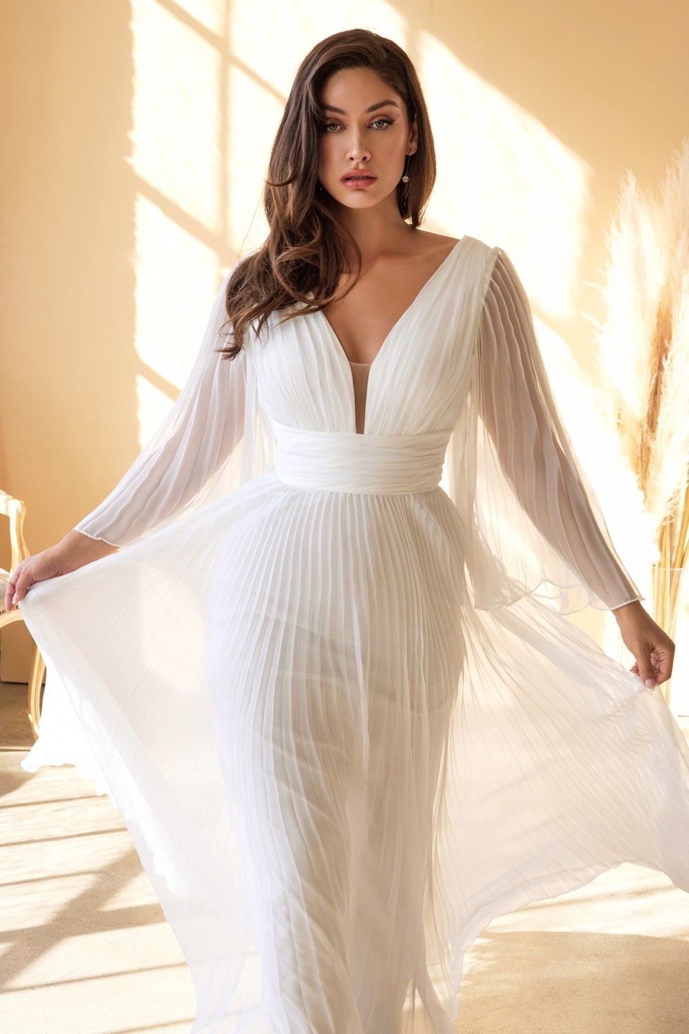 Cinderella Divine CD242W Pleated Chiffon Long Sleeve Gown by DiscountDressShop