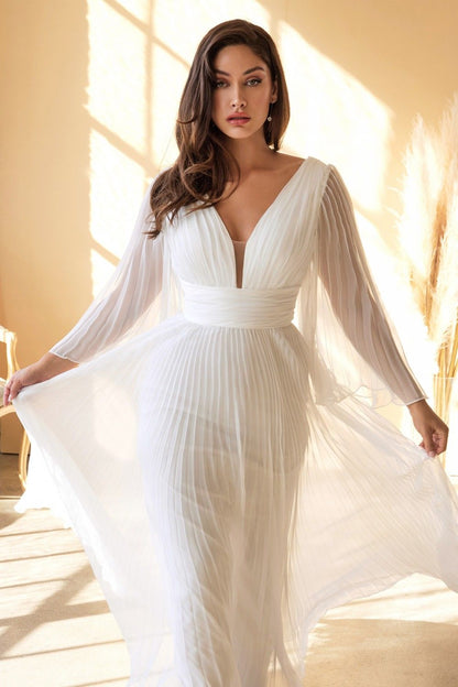Cinderella Divine CD242W Pleated Chiffon Long Sleeve Gown by DiscountDressShop