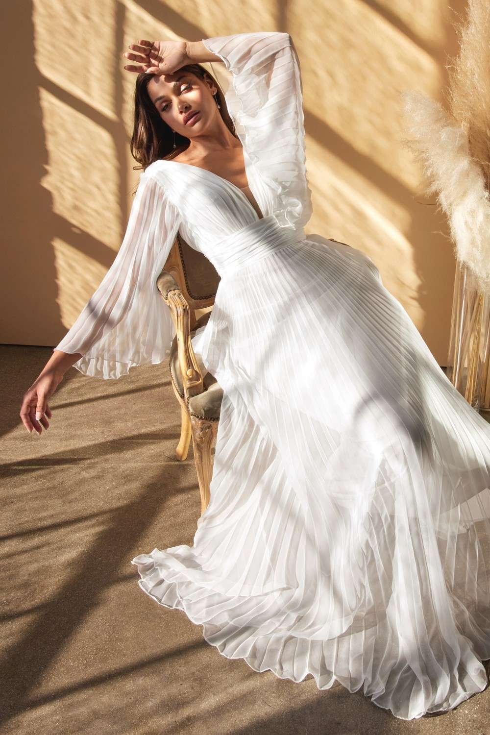 Cinderella Divine CD242W Pleated Chiffon Long Sleeve Gown by DiscountDressShop