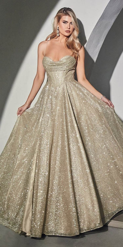 Ladivine CD252 Floor Length Lace Up Glitter A-Line Ball Gown - DestGlow