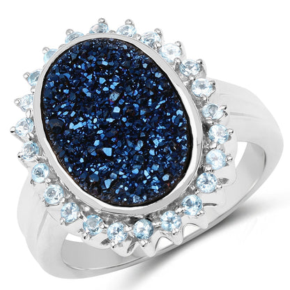 3.68 Carat Genuine Cobalt Blue Drusy &amp; Swiss Blue Topaz .925 Sterling Silver Ring  DestGlow