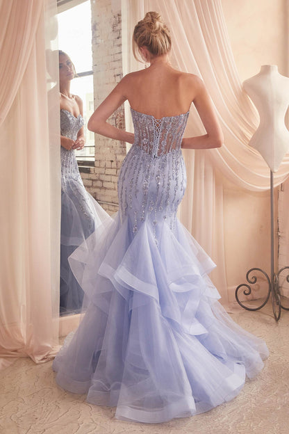 Ladivine CD332 Long Layered Tulle Tiered Mermaid Gown Sheer Boned Bodice by DiscountDressShop