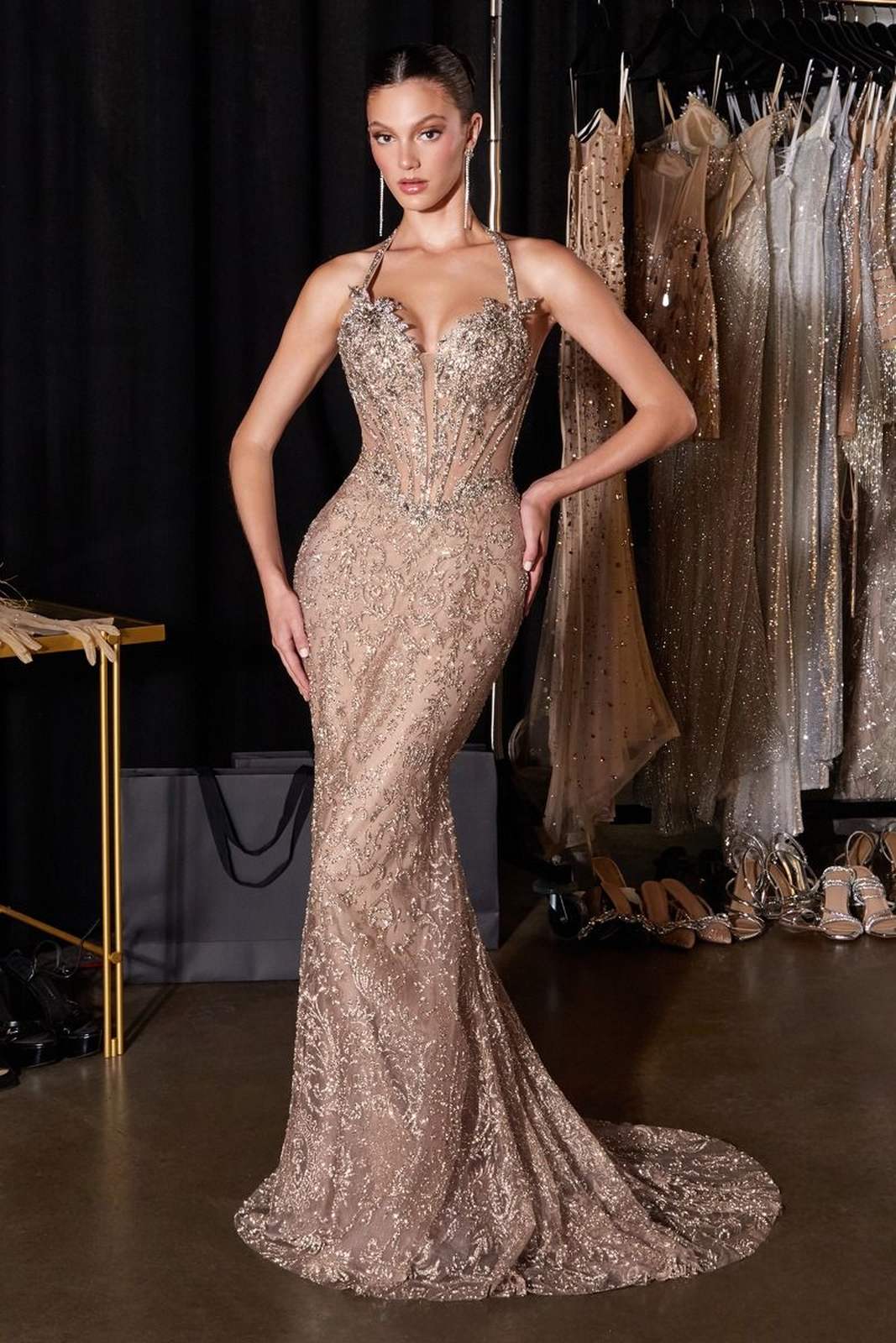 Ladivine CD695 Halter Neck Crystal Sequin Plunging Mermaid Dress by DiscountDressShop