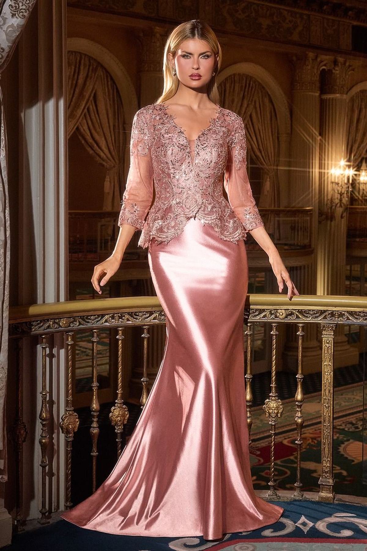 Ladivine CD720 Long Satin 3/4 Sleeve Peplum Bodice Evening Gown by DiscountDressShop