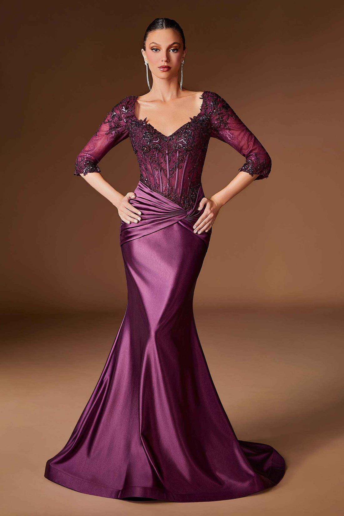 Ladivine CD731 Fitted Embroidered Bodice Stretch Satin Evening Gown