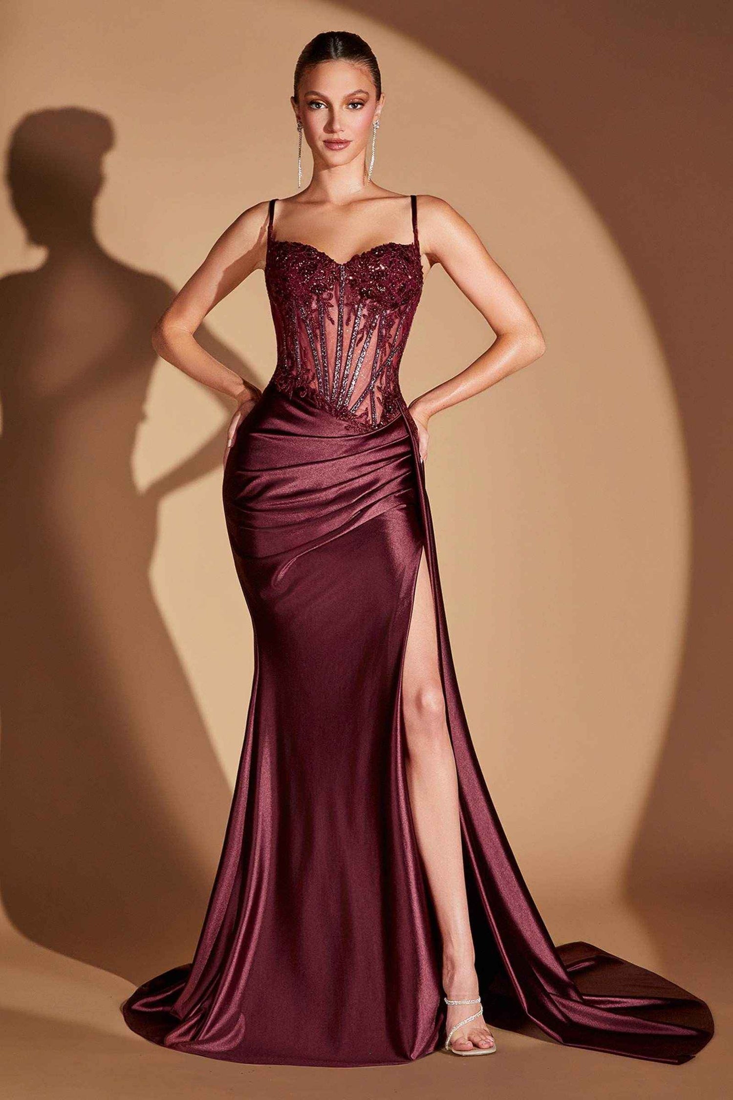 Ladivine CD868 Long Glamorous Lace Detailed Formal Gown Side Sash by DiscountDressShop