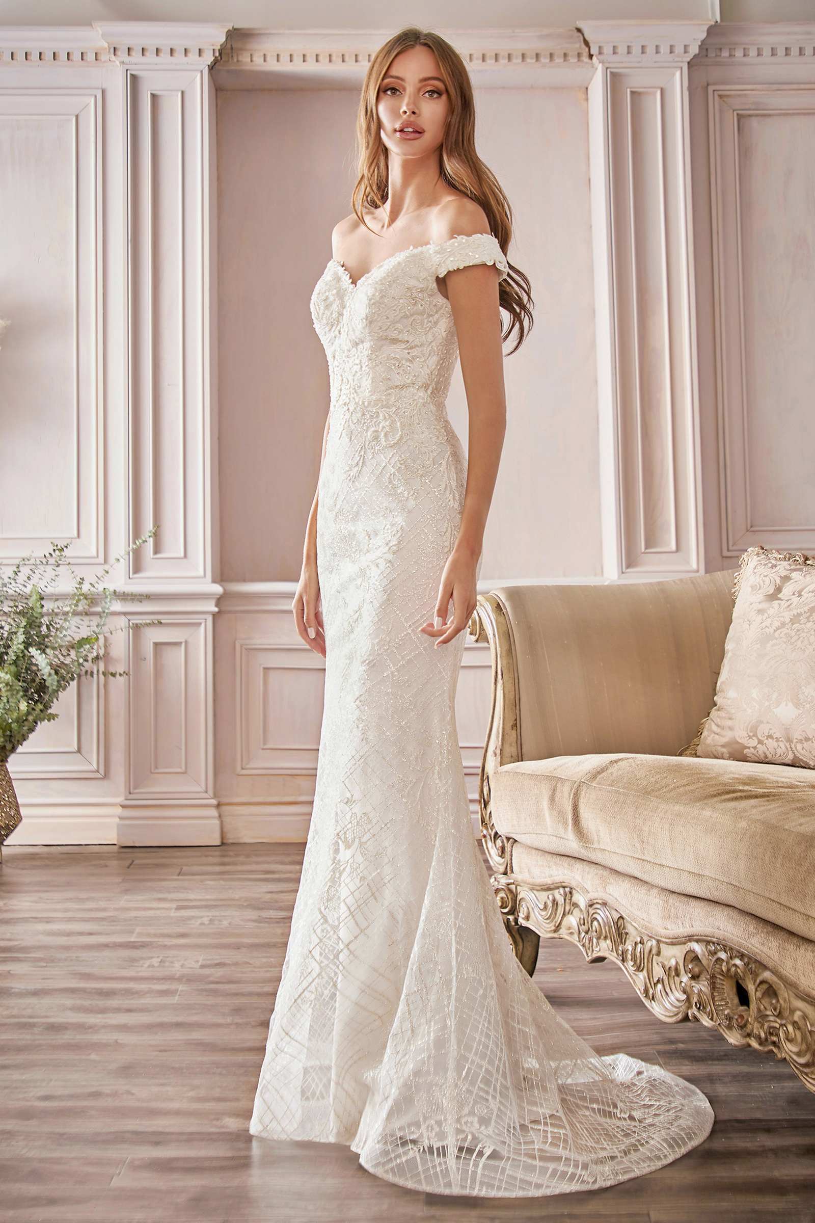 Cinderella Divine CD929 Fitted Off The Shoulder Bridal Gown Floral Lace Applique by DiscountDressShop