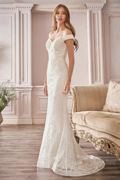 Cinderella Divine CD929 Fitted Off The Shoulder Bridal Gown Floral Lace Applique by DiscountDressShop