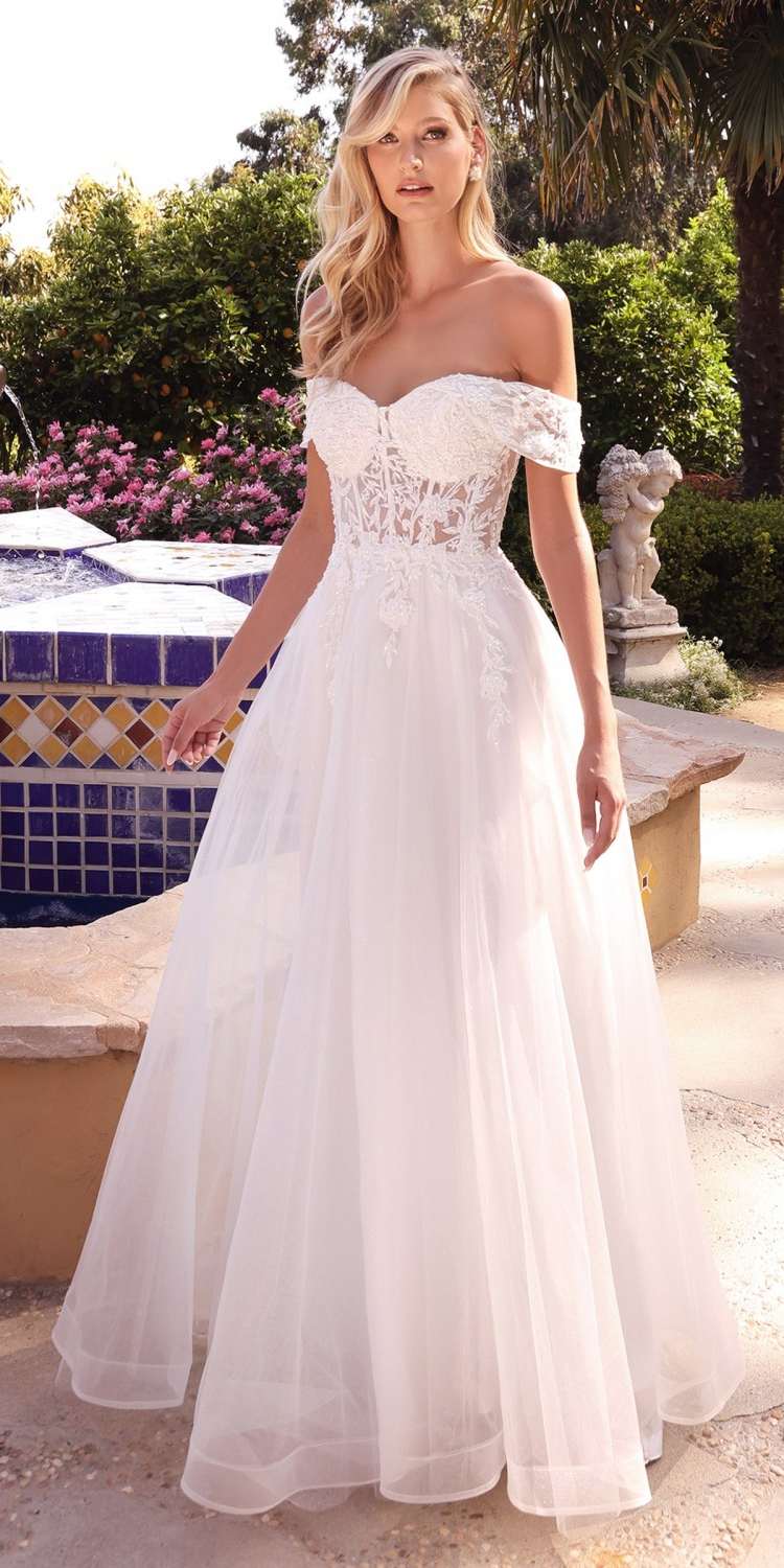Cinderella Divine CD961W Long Lace Off the Shoulder Bridal Gown by DiscountDressShop