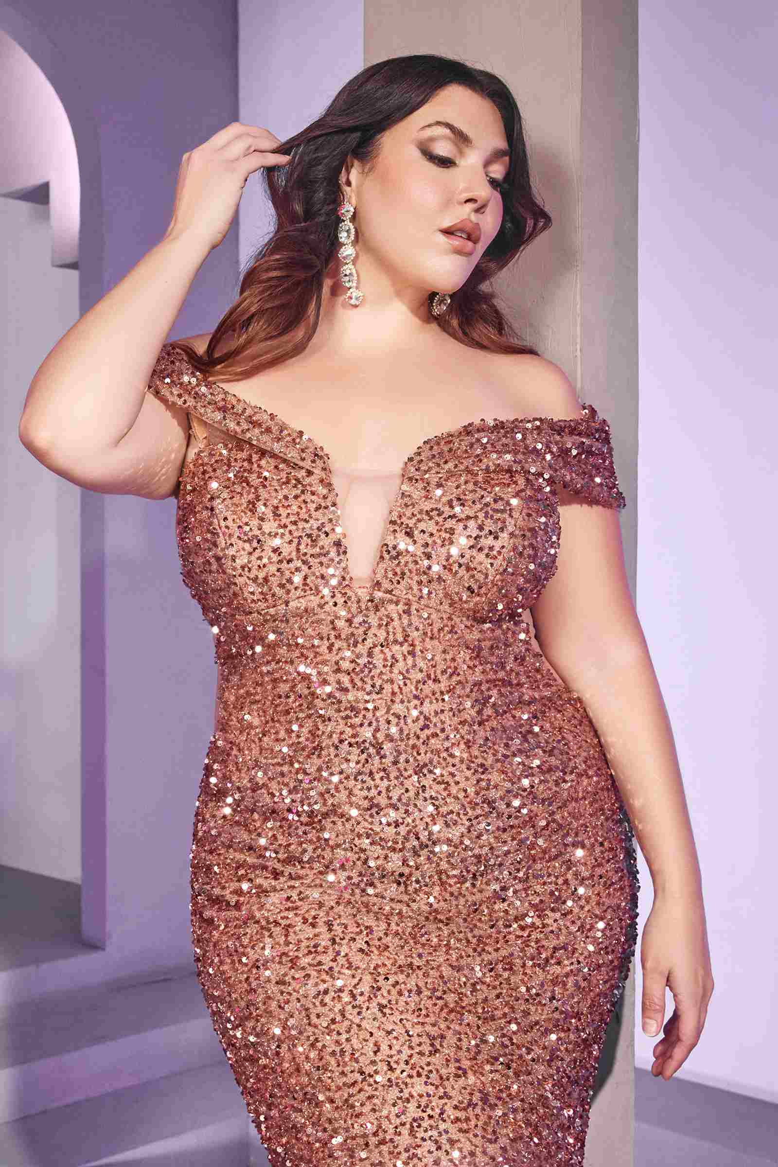 Cinderella Divine CD975 Long Off The Shoulder Sequin Mermaid Gown by DiscountDressShop
