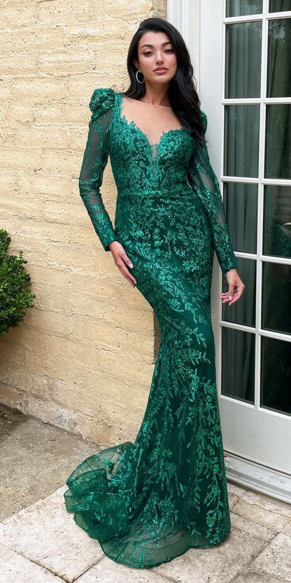 Ladivine CD989 Floor Length Glitter Print Dress with Long Sleeves by DiscountDressShop