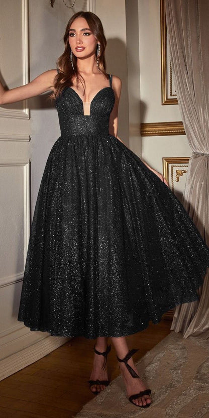 Ladivine CD996T Glitter Flocked Tea Length Dress with Side Pockets by DiscountDressShop