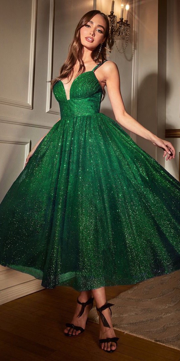 Ladivine CD996T Glitter Flocked Tea Length Dress with Side Pockets by DiscountDressShop