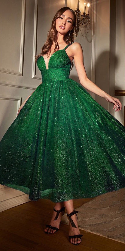 Ladivine CD996T Glitter Flocked Tea Length Dress with Side Pockets by DiscountDressShop