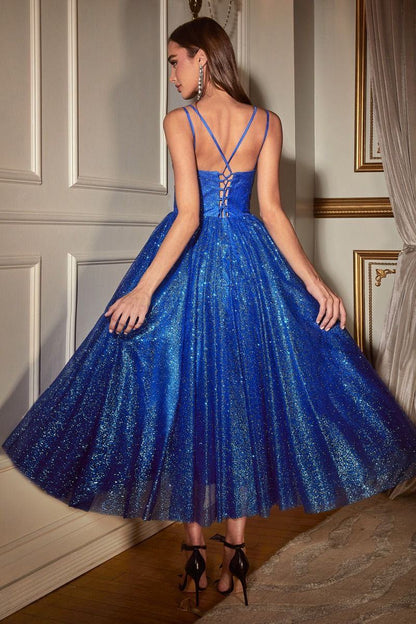 Ladivine CD996T Glitter Flocked Tea Length Dress with Side Pockets by DiscountDressShop