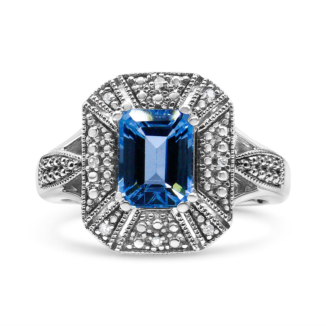 .925 Sterling Silver Diamond Accent and 8X6 mm Emerald-Shape Blue Topaz Ring (I-J Color, I2-I3 Clarity) - Ring Size 7 by Bids.com