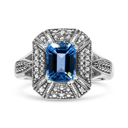 .925 Sterling Silver Diamond Accent and 8X6 mm Emerald-Shape Blue Topaz Ring (I-J Color, I2-I3 Clarity) - Ring Size 7 by Bids.com