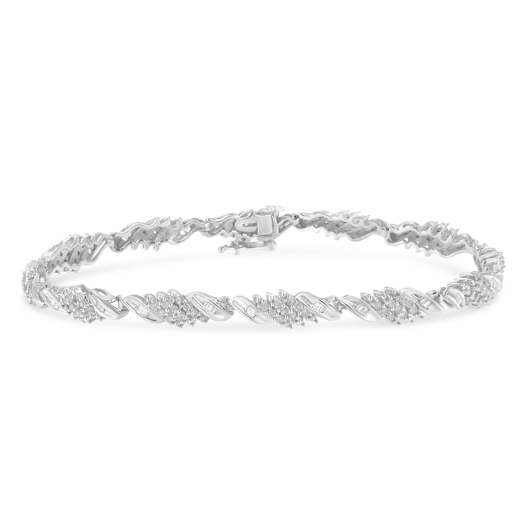 .925 Sterling Silver 1-1/2 Cttw Round and Baguette Cut Diamond Wave Link Bracelet (I-J Color, I2-I3 Clarity) - 7" by Bids.com