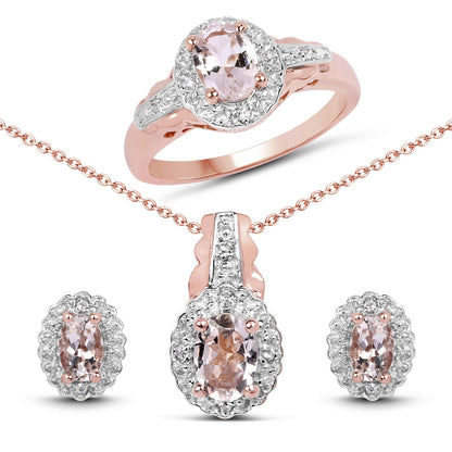 2.28 Carat Genuine Morganite and White Topaz .925 Sterling Silver 3 Piece Jewelry Set (Ring, Earrings, and Pendant w/ Chain) by Bids.com