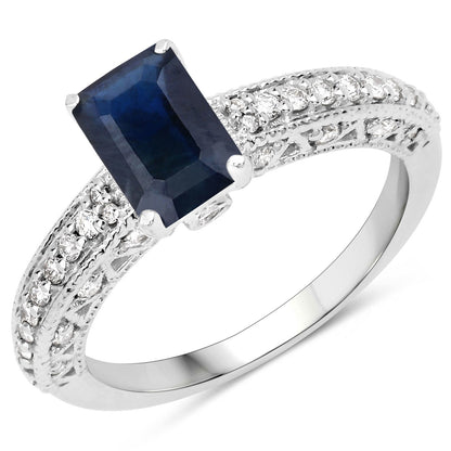 1.55 Carat Genuine Blue Sapphire and White Diamond 14K White Gold Ring (I Color, SI Clarity) by Bids.com