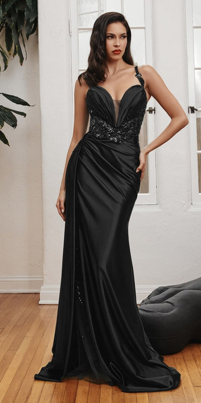 Ladivine CDS417 Floor Length Soft Satin Fitted Gown with Side Sash by DiscountDressShop