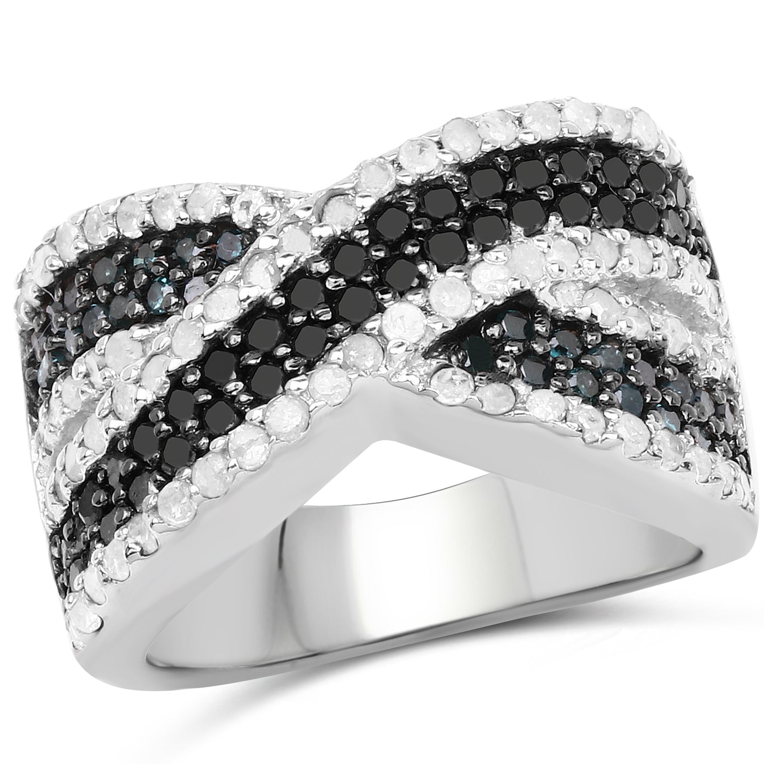 1.57 Carat Genuine Blue Diamond, White Diamond &amp; Black Diamond .925 Sterling Silver Ring by Bids.com