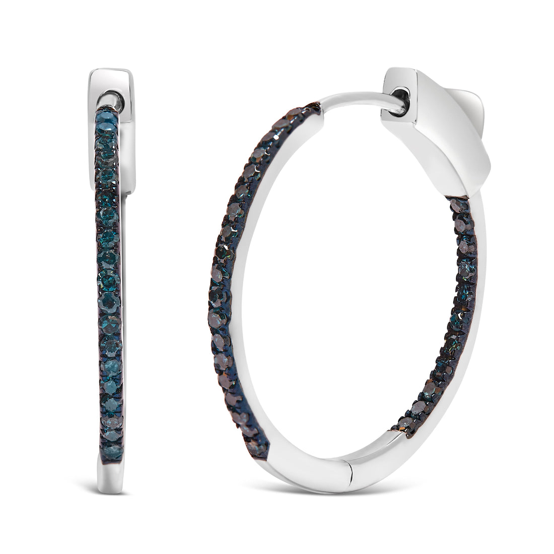 .925 Sterling Silver 1/3 Cttw Inside Out Blue Treated Diamond 1MM Wide Hoop Earrings (Blue Color, I2-I3 Clarity) by Bids.com
