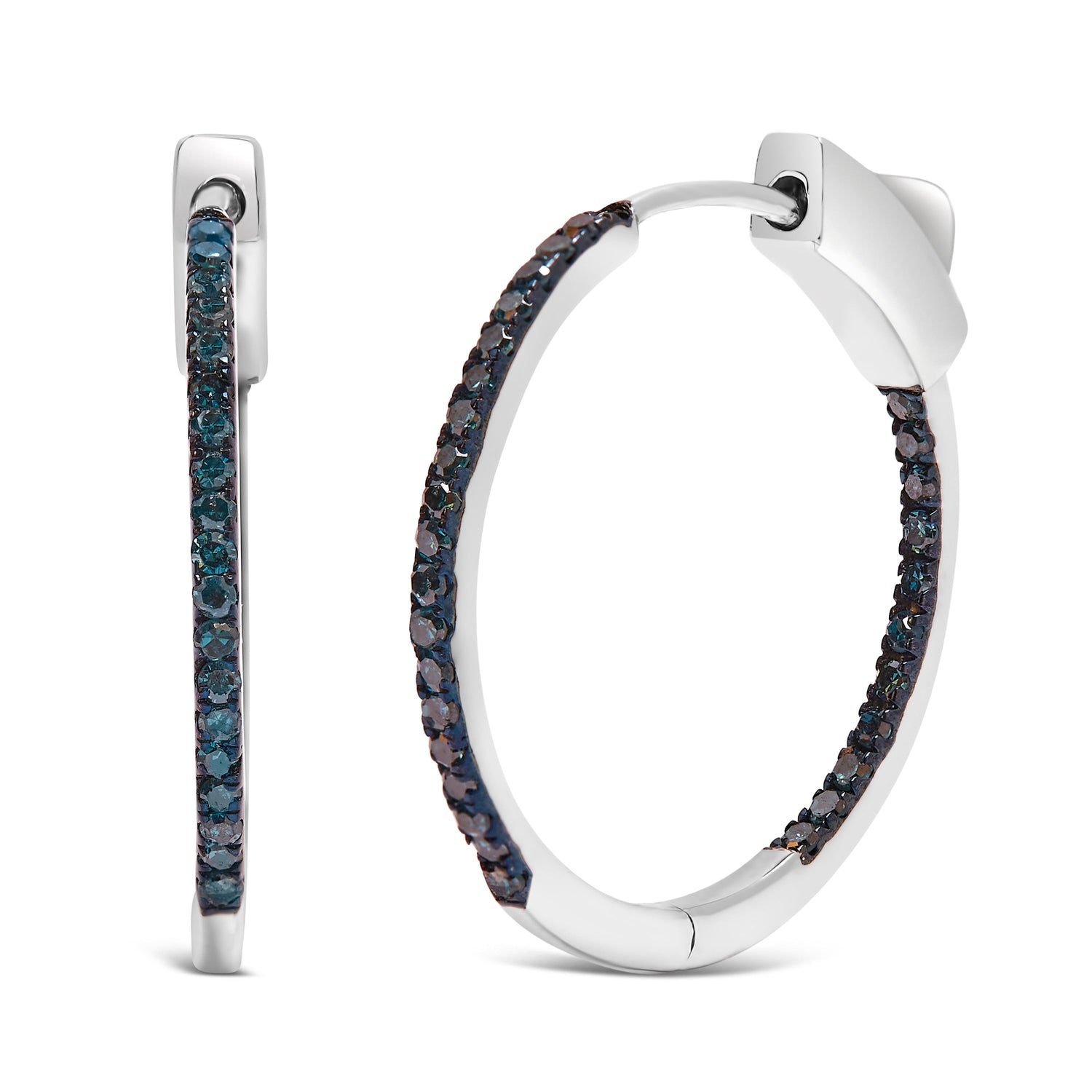 .925 Sterling Silver 1/3 Cttw Inside Out Blue Treated Diamond 1MM Wide Hoop Earrings (Blue Color, I2-I3 Clarity) by Bids.com