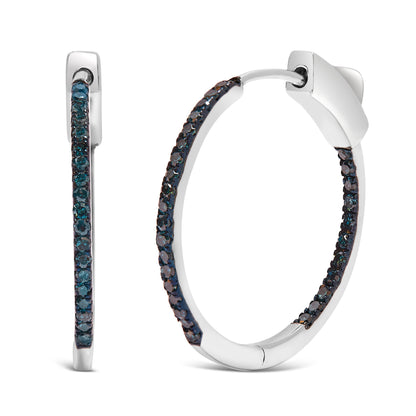 .925 Sterling Silver 1/3 Cttw Inside Out Blue Treated Diamond 1MM Wide Hoop Earrings (Blue Color, I2-I3 Clarity) by Bids.com