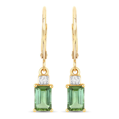 1.28 Carat Genuine Green Tourmaline and White Diamond 14K Yellow Gold Earrings  DestGlow