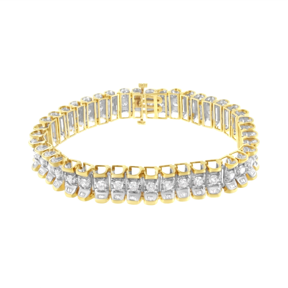 14K Yellow and White Gold 5.0 Cttw Round &amp; Baguette Cut Diamond 7" Reflective Tennis Bracelet (H-I Color, I1-I2 Clarity) by Bids.com
