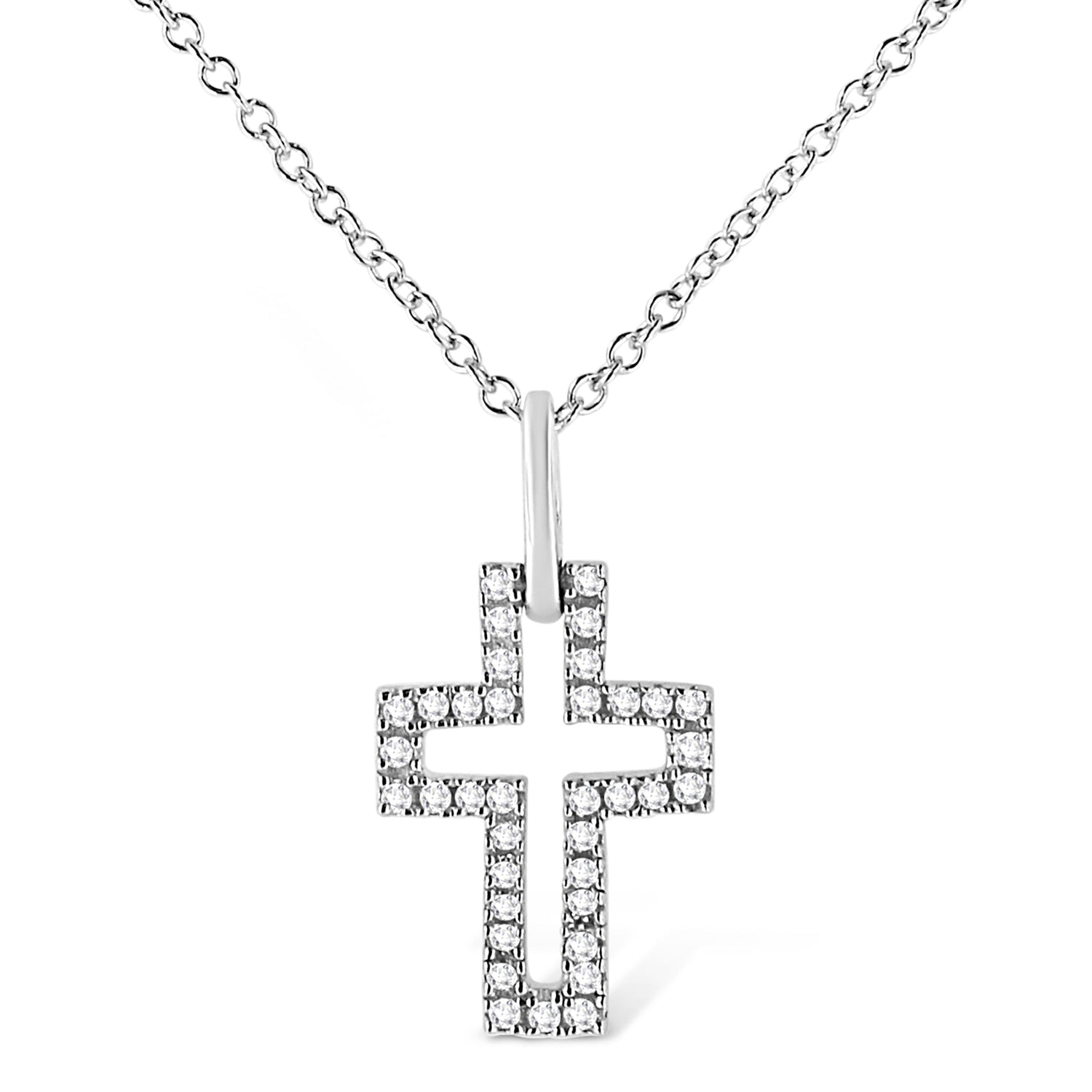 .925 Sterling Silver 1/10 cttw Pave-Set Round-Cut Diamond Open Cross 18" Pendant Necklace (I-J Color, I1-2 Clarity)  DestGlow