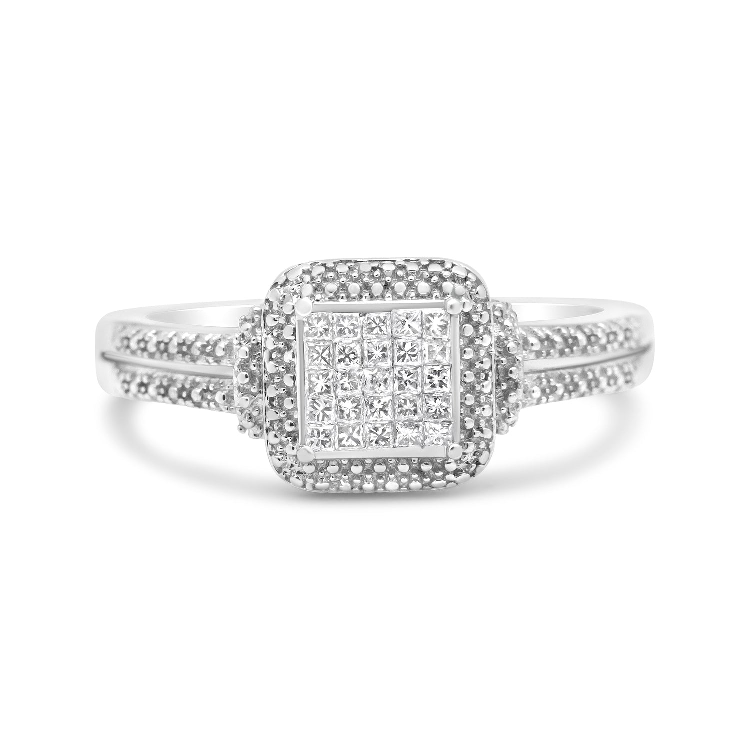 .925 Sterling Silver 1/4 Cttw Princess-cut Diamond Composite Ring with Beaded Halo (H-I Color, SI1-SI2 Clarity) - Size 7 by Bids.com