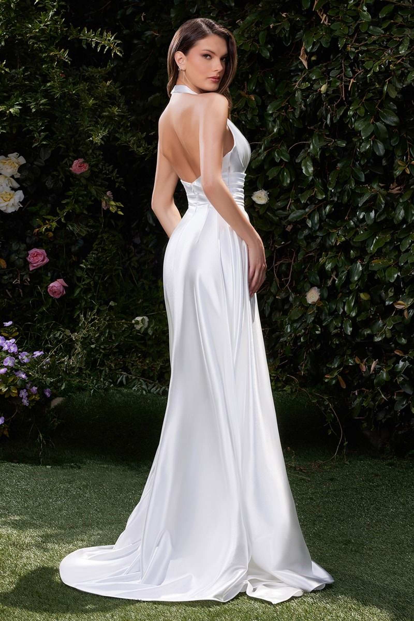 Ladivine CH079 Floor Length Fitted Halter Satin Gown Leg Slit Side Sash by DiscountDressShop