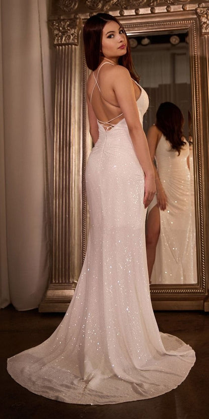 Ladivine CH225W Long Fitted Sequin Gown Gathered Waistline by DiscountDressShop