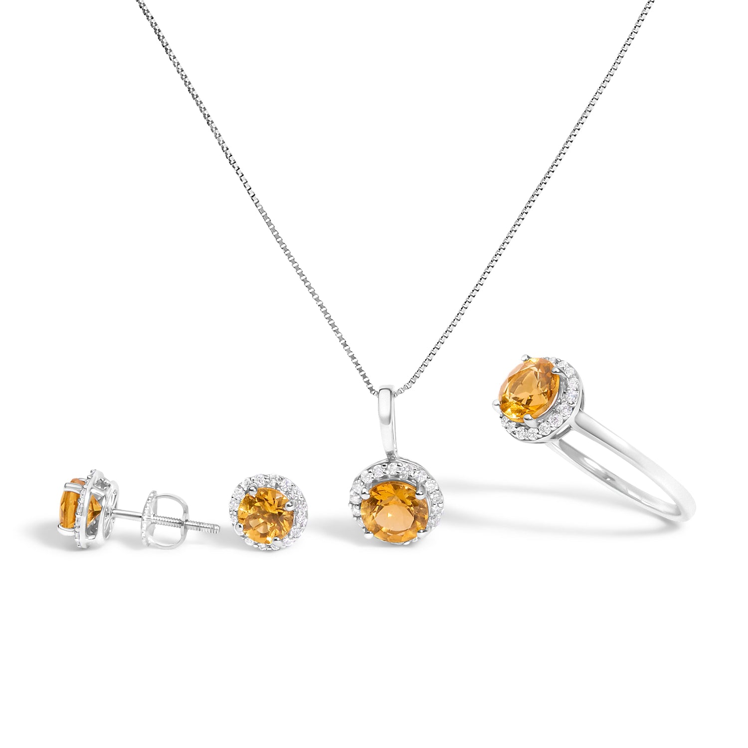10K White Gold Purple Amethyst and 3/8 Cttw Diamond Halo Jewelry Set (Earrings, Pendant &amp; Ring)