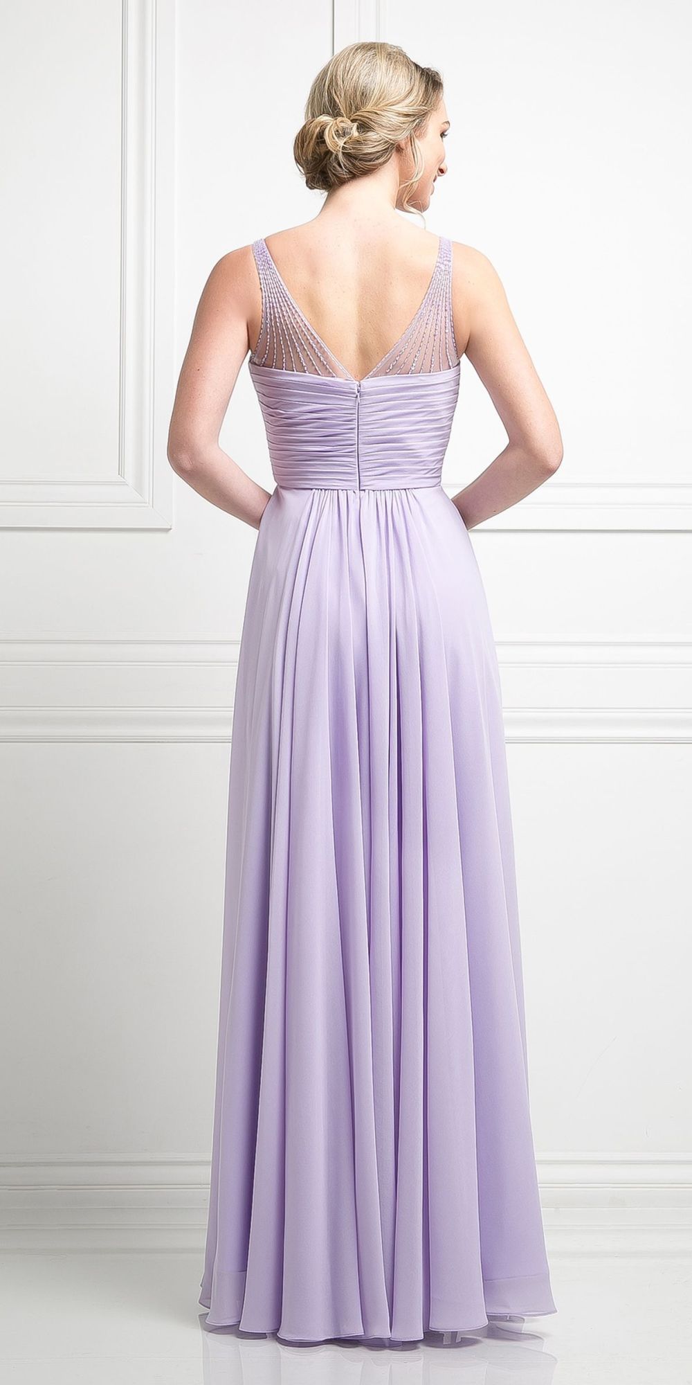 CLEARANCE - Ladivine CJ214 Long Chiffon Dress V-Neck Pleated Bodice (Size 4) by DiscountDressShop