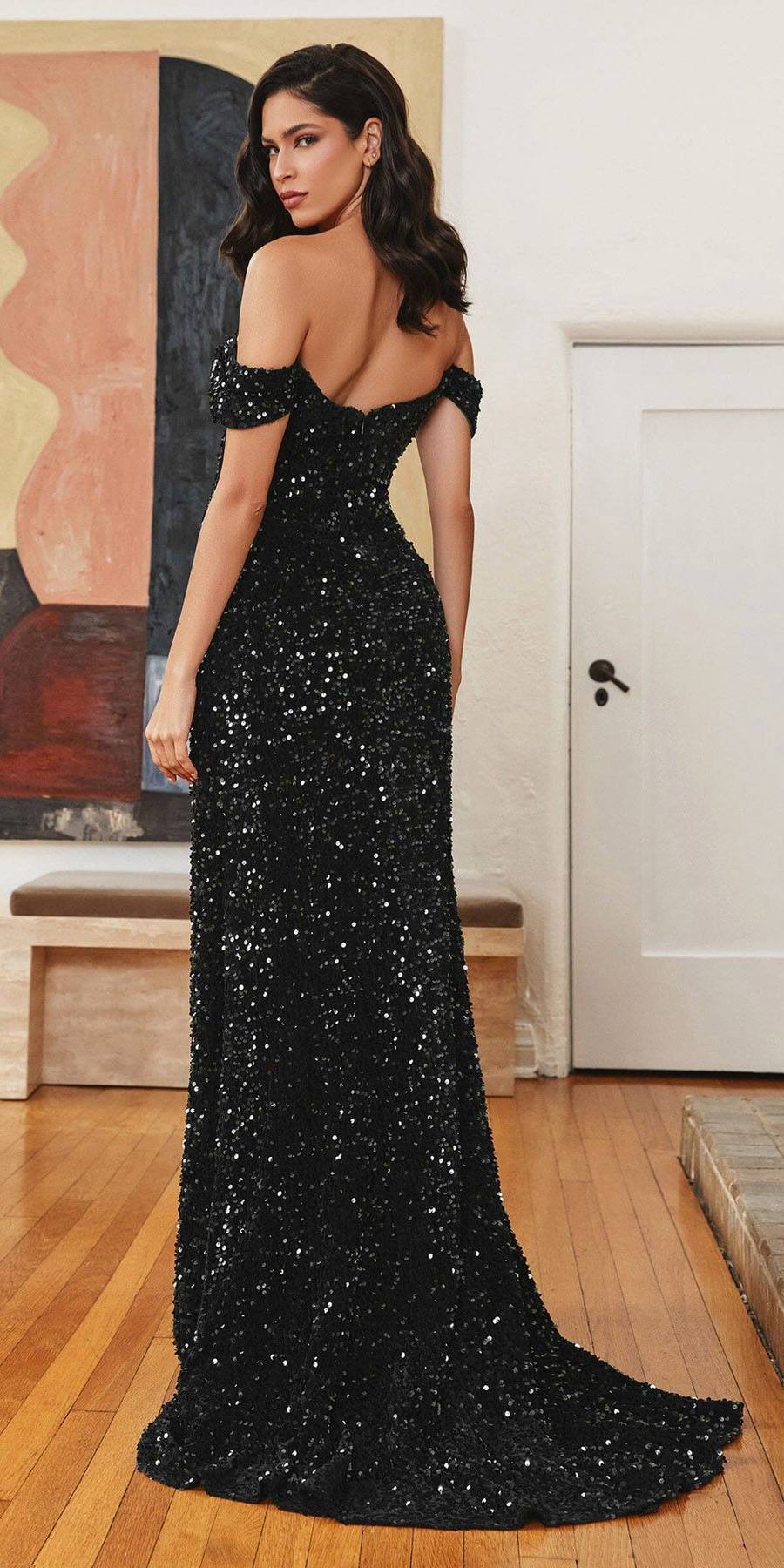 Ladivine CL03 Floor Length Off Shoulder Velvet Fitted Sequin Gown by DiscountDressShop