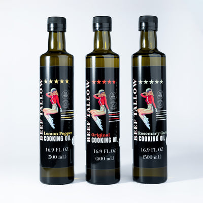 Lady May Tallow Cooking Oil Trio Bundle | Grass-Fed Beef Tallow & Olive Oil | Original, Rosemary Garlic & Lemon Pepper | Clean High-Heat Cooking from Our Restaurant Kitchen