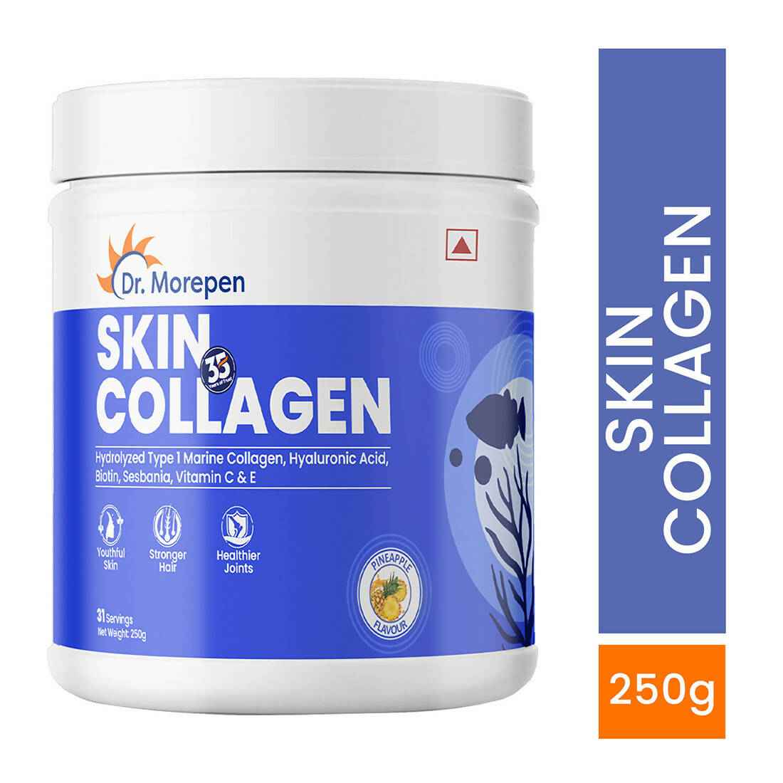 Dr. Morepen Skin Collagen Protein Powder With Hyaluronic Acid, Vitamin C, Sesbania &amp; Biotin - Pineapple Flavour