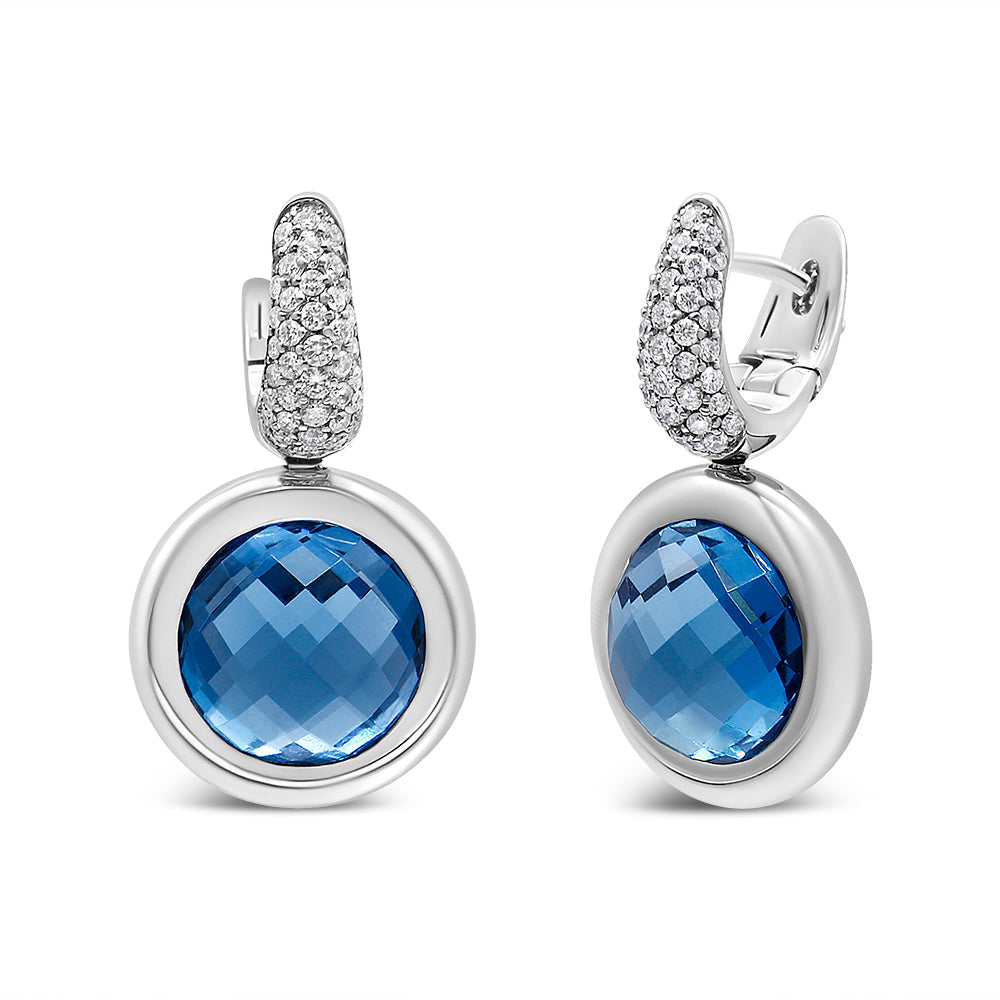 18K White Gold Bezel Set 11mm Blue Topaz and 1/2 Cttw Invisible Set Diamond Bale Dangle Earrings (F-G Color, VS1-VS2 Clarity) by Bids.com