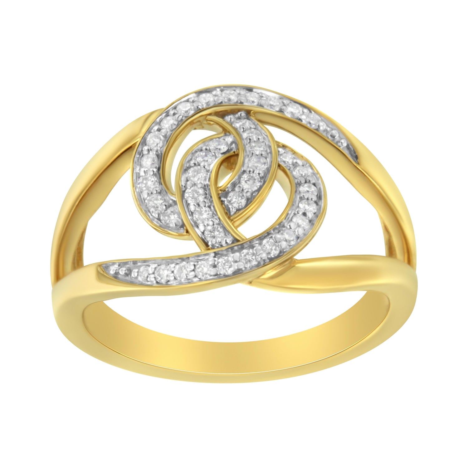 14K Yellow Gold Plated .925 Sterling Silver 1/4 Cttw Diamond Interlocking Loop Open Shank Bypass Ring (I-J Color, I1-I2 Clarity) - Size 7 by Bids.com