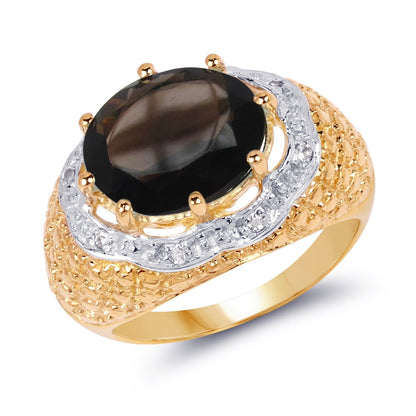 14K Yellow Gold Plated 4.73 Carat Genuine Smoky Quartz &amp; White Topaz .925 Sterling Silver Ring  DestGlow