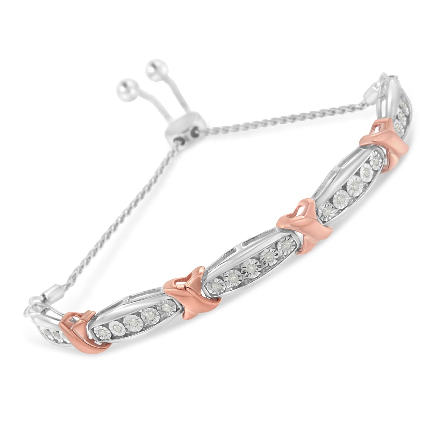 .925 Sterling Silver 1/4 Cttw Round-Cut Diamond X &amp; Tapered Bar Miracle-Set Bolo Bracelet (I-J Color, I3 Clarity) - Two Tone Rose Gold &amp; Silver by Bids.com