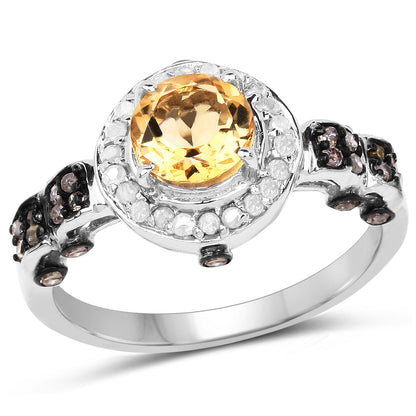 1.06 Carat Genuine Citrine, Champagne Diamond &amp; White Diamond .925 Sterling Silver Ring by Bids.com