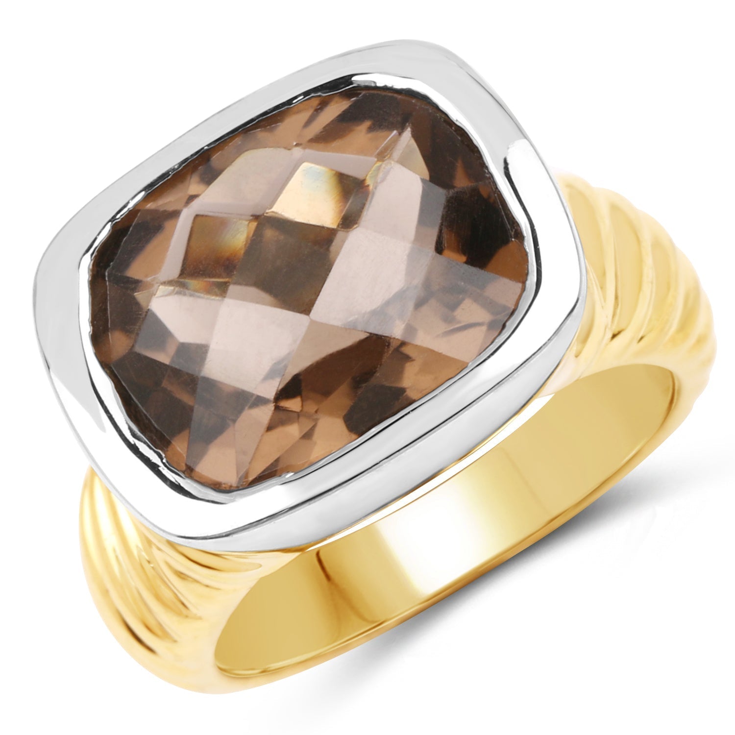 Two Tone Plated 7.53 Carat Genuine Smoky Quartz .925 Sterling Silver Ring  DestGlow