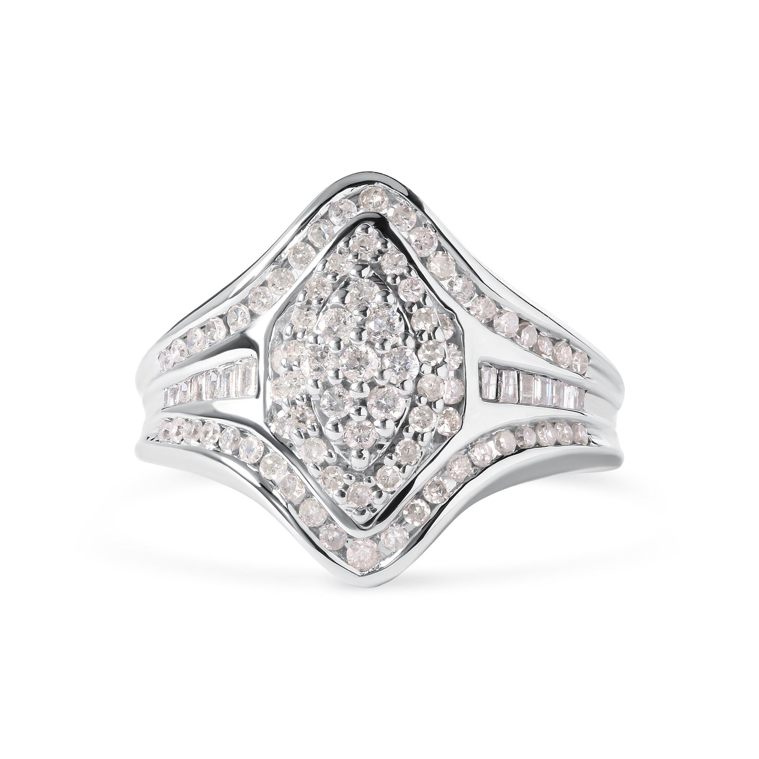 14K White Gold 3/4 Cttw Round and Baguette cut Diamond Cluster Ring (H-I Color, I1-I2 Clarity)  DestGlow